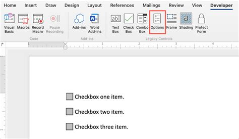 how to insert checkbox in microsoft word mac