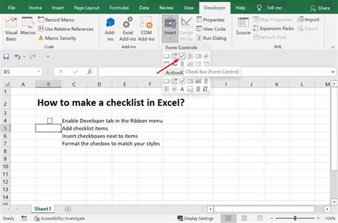 how to insert checklist in excel