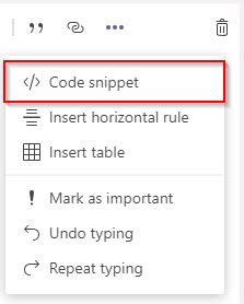 how to insert code snippet in teams