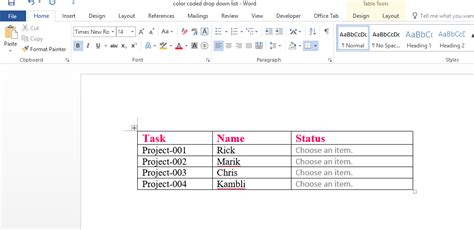 how to insert color coded drop down list in word table