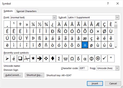 how to insert division symbol in word