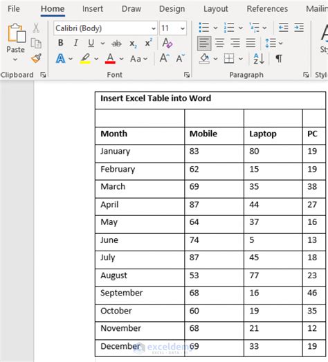 how to insert excel table in word mac