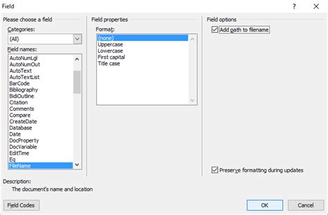 how to insert filename and path in word document