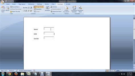 how to insert fillable fields in word without developer tab
