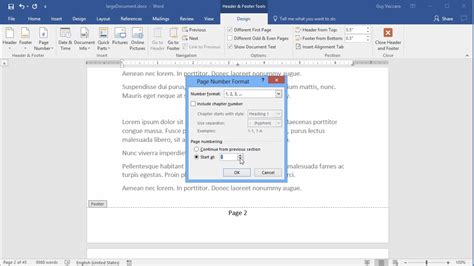 how to insert header and footer from second page in word