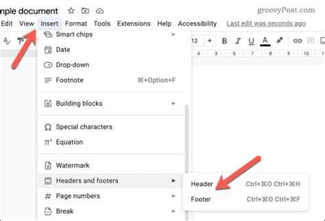 how to insert header and footer in google docs
