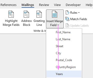 how to insert merge fields in word from excel