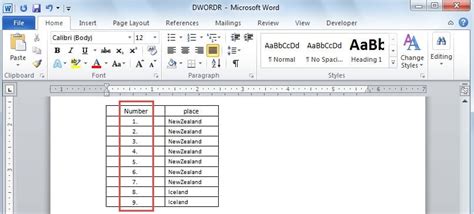 how to insert number list in word table