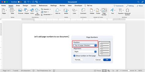 how to insert page number 1 of 2 in word mac