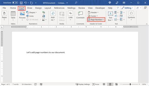 how to insert page number in word page 1 of 2