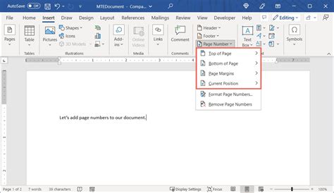 how to insert page numbers in word like page 1 of 2