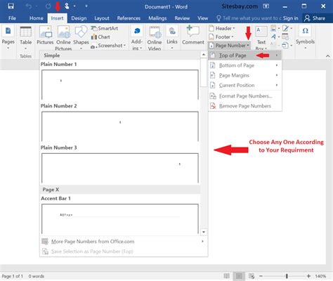 how to insert page numbers in word table