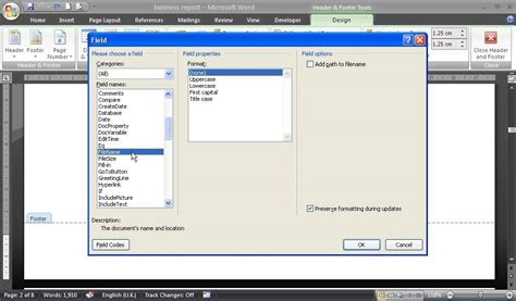 how to insert path and filename in word