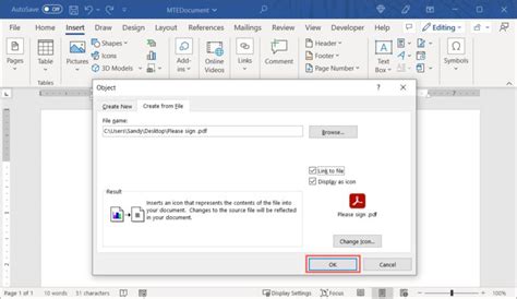 how to insert pdf icon in word