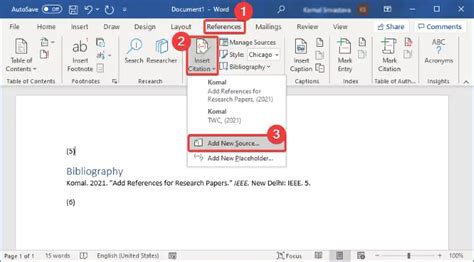 how to insert references number in word