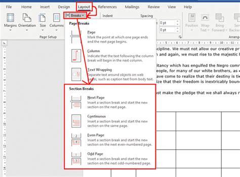how to insert section break in word 2013