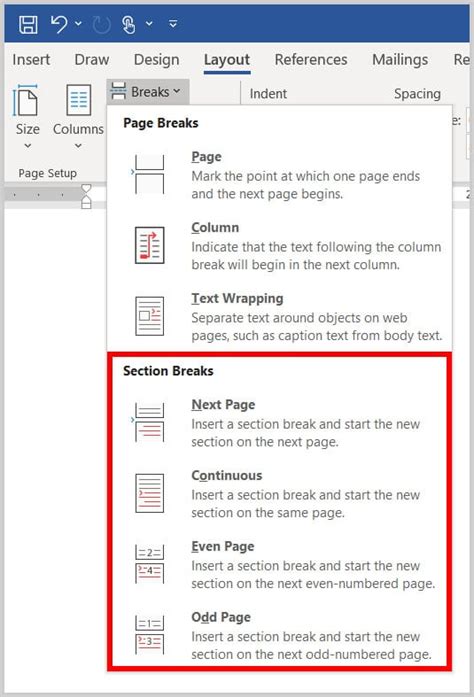 how to insert section break in word macbook