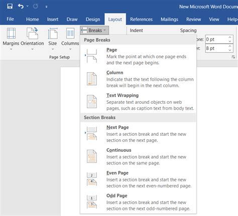 how to insert section break in word online