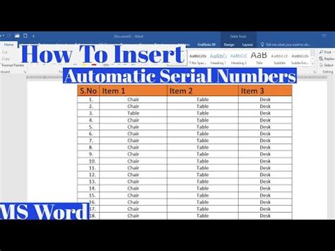 how to insert serial number automatically in word