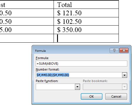 how to insert sum formula in word table