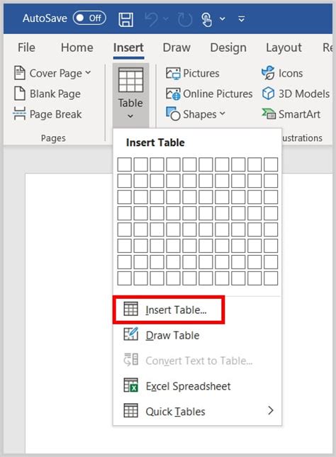 how to insert table in ms word file