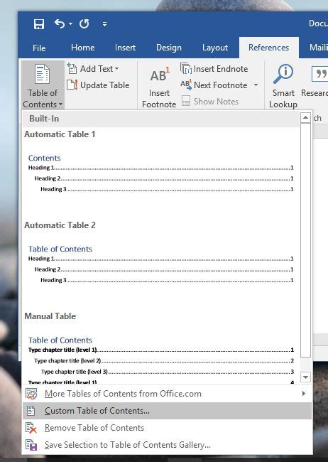 how to insert table of contents in word app