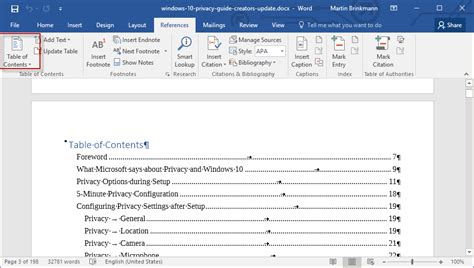 how to insert table of contents in word document