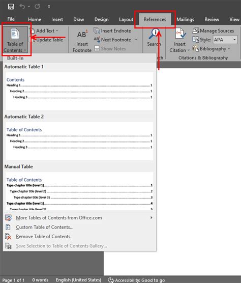 how to insert table of contents in word macbook