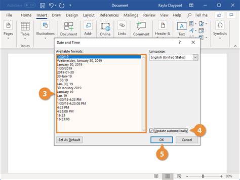 how to make a date field in word