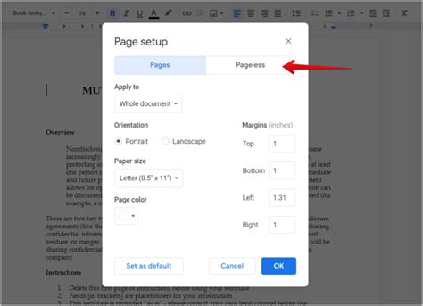 how to make a document pageless in google docs