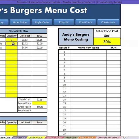 how to make a food menu in excel