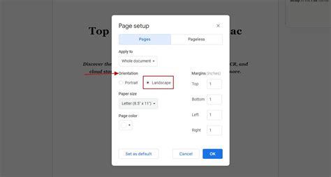 how to make a google doc landscape format