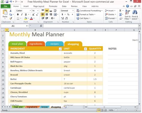 how to make a meal planner in excel