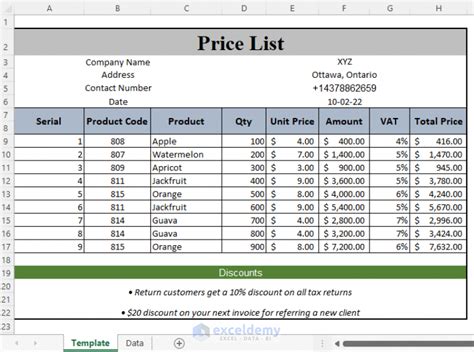 how to make a product price list in excel