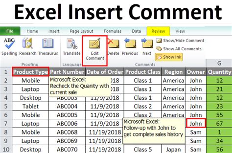 how to make a remark in excel