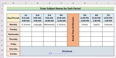 how to make a school timetable in excel