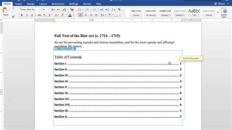 how to make a table of contents in word mac