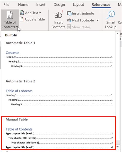 how to make a table of contents in word manually