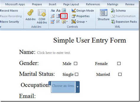how to make a text form field in word