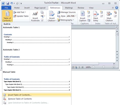 how to make automatic content table in word 2010