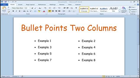 how to make bullets in two columns word