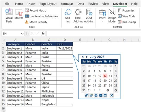 how to make calendar appear in excel cell