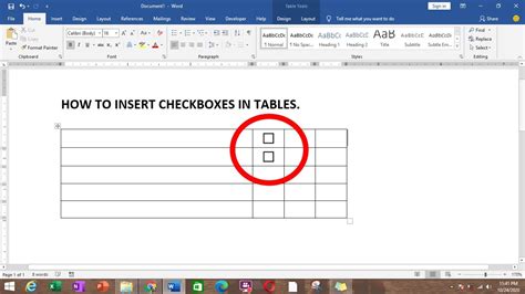 how to make check box in word table