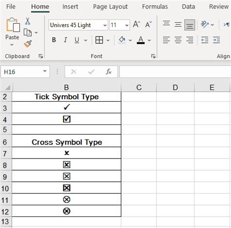 how to make check symbol in excel