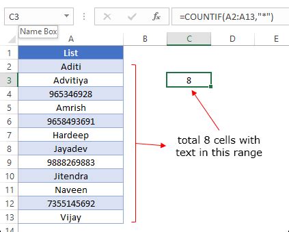how to make excel count how many cells with text