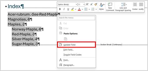 how to make index in word shortcut