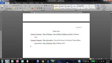 how to make mla works cited page in word