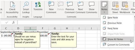 how to make notes in excel stay visible