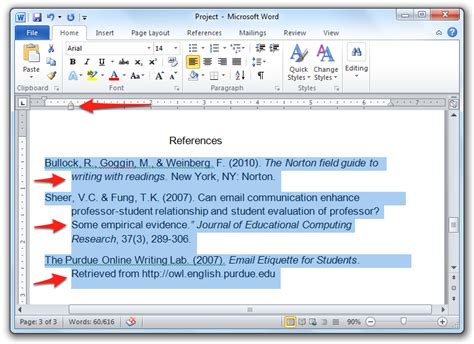 how to make reference list indent in word