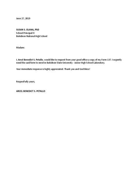 how to make request letter for form 137